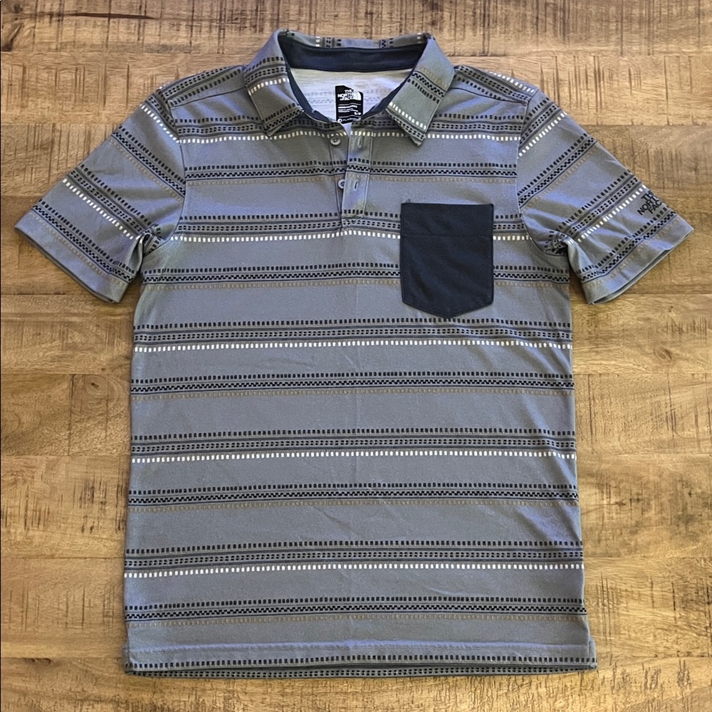 NORTH FACE Men's Striped Polo Shirt - Gray with Black Pocket